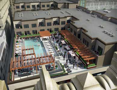 Aerial view of the swimming pool and entertainment area for a proposed luxury apartment rooftop.