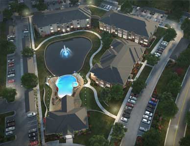 Aerial rendering of an apartment complex including swimming pool and water feature.
