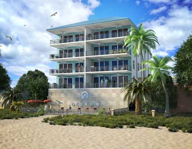 Exterior rendering of a beachfront condominium with balconies overlooking the pool area and sandy beach.