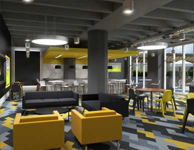 A 3D rendering of a brightly colored bar and meeting area for a large condo, including seating areas and a full bar at rear.