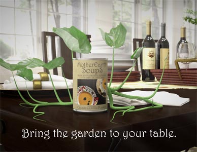 A frame from the advertisement with the animated plant surrounding the soup can fully grown.