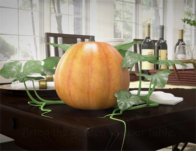 A view from the animated commercial showing the soup can now morphed into a pumpkin, with the rest of the dining room still visible.