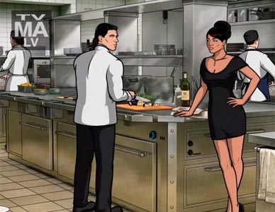 A still frame from Archer of the commercial kitchen interior, combining Trinity's background illustration with the shaded characters of the show.
