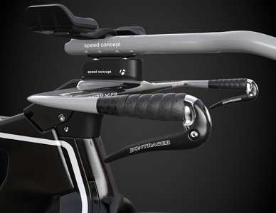 Side view of the handlebars of a fully rendered bicycle.