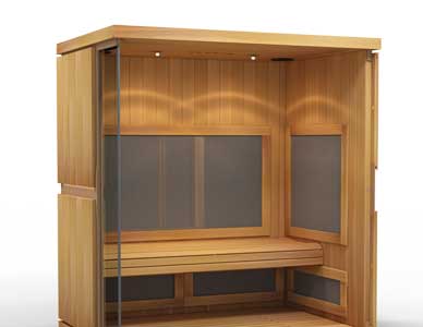 White room rendering of a two person sauna with the front removed to reveal the interior.