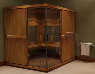 Rendering of a large sauna in one corner of a hotel room.
