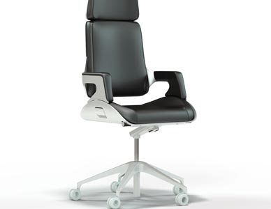 Rendering of a sleek ultra modern aluminum and leather high back task chair with polished base.
