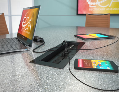 Close up rendering of a business table top with a mounted ECA hub in the center that is providing power to multiple devices.