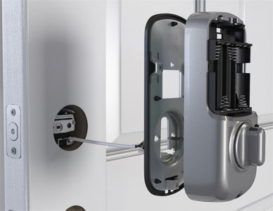 Exploded view rendering showing the installation process for a Yale locks electronically controlled deadbolt.