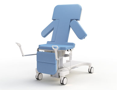 Marketing rendering of a repositionable medical bed, configured to allow a seated position for the patient.