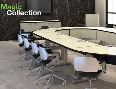 3D rendering of a racetrack-style office table in a conference room, with Kimball Silver style chairs surrounding it.