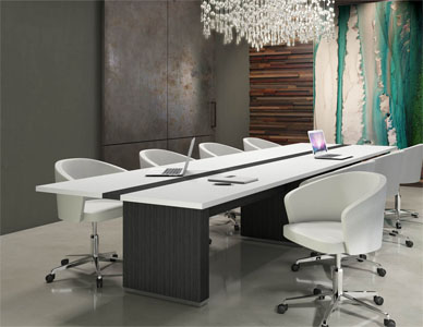 Rendering of a meeting room with a large modern table for eight persons, with textured walls and abstract art.