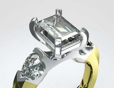 3D rendering of an ornate ring including a large solitaire diamond with two pear cut smaller diamonds on a platinum setting with a gold band.