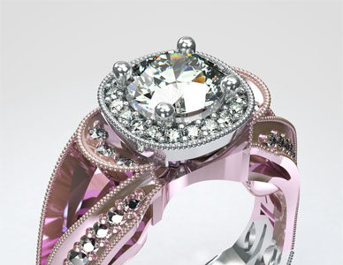 Rendering of a unique solitaire ring with a rose gold upper half and white gold lower half, with many small highlighting diamonds on its periphery.