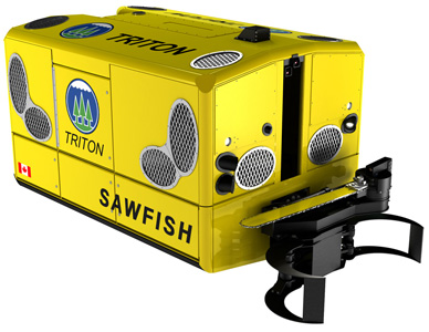 A beauty rendering of the Triton Sawfish, a remote underwater submersible shown in three quarter view with bright yellow finish.
