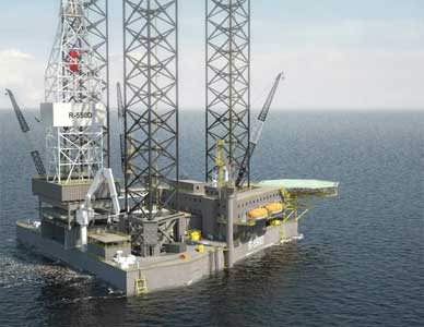 3d visualization of a jackup rig with helipad, traveling out to sea with full ocean visible in the background.