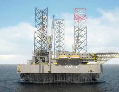 Front view rendering of a jackup rig in the process of jacking up in the gulf ocean, with water streaming off the front bow.