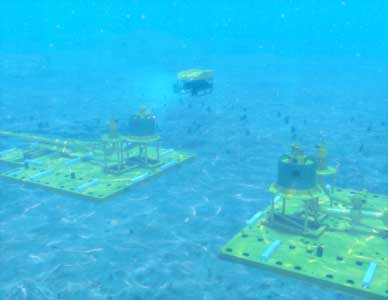 Animated view of sea floor with submersible robot approaching sea bed assembly at left.