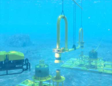 Rendering of seafloor equipment with connecting piping dropped in from ocean surface above, submersible standing by at left.