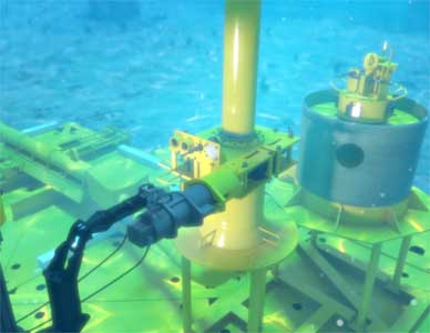 Three quarter view of sea floor equipment with submersible robot arm completing assembly.