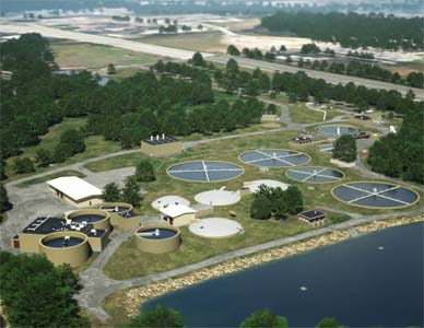 Aerial overview rendering of wastewater facility with surrounding area visible in background.