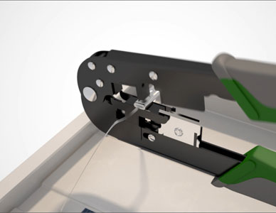 A still from the animation of the solar panel assembly illustrating the wire crimping process.