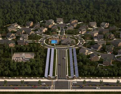An aerial rendering of a fictional green neighborhood with a fully integrated solar energy system.
