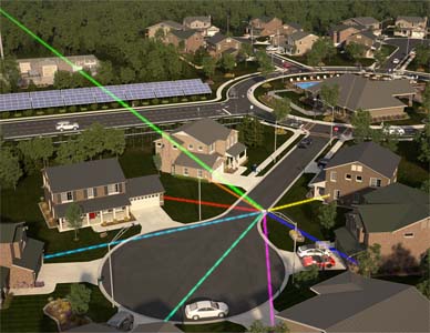 A frame from the animation illustrating the digital interconnection of the solar powered neighborhood of the future.
