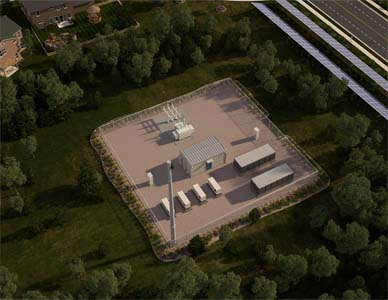A bird's eye view of the substation that brings solar power to the infrastructure of the proposed neighborhood.