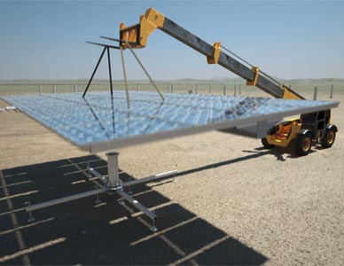 The full solar array is lowered into place in this frame from the desert solar array installation animation.