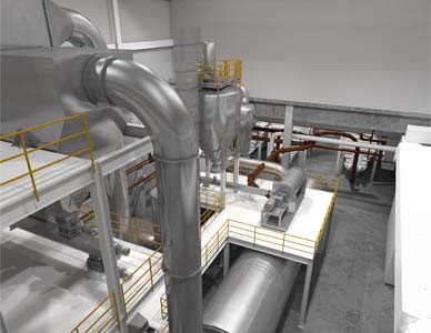 An interior rendering of the six story process piping, showing the planned layout of the facility infrastructure.