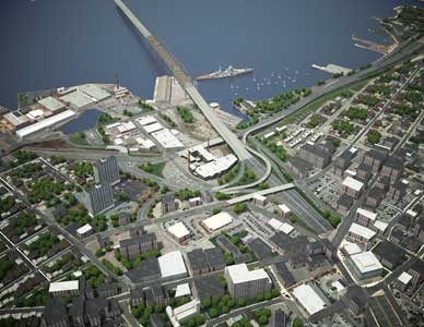 A detailed realistic aerial rendering of the bridge installation area including trees, parking lots, watercraft and ships and all surrounding buildings.