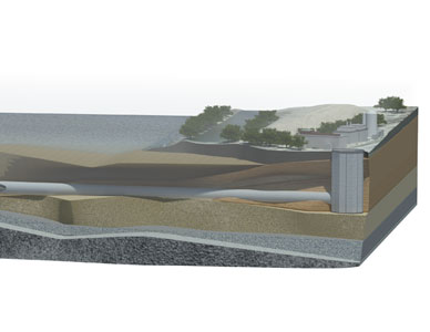 A cutaway side view illustration that depicts the various ground strata and the underground installation of a connecting tunnel.